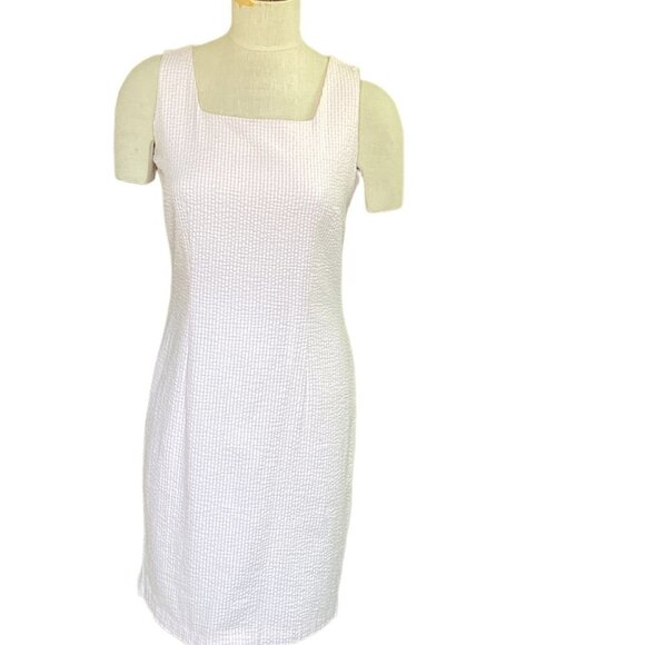 Dressbarn Sleeveless Seersucker Square Neck Sheath Dress Sz 6 Pink 142A - Picture 1 of 7
